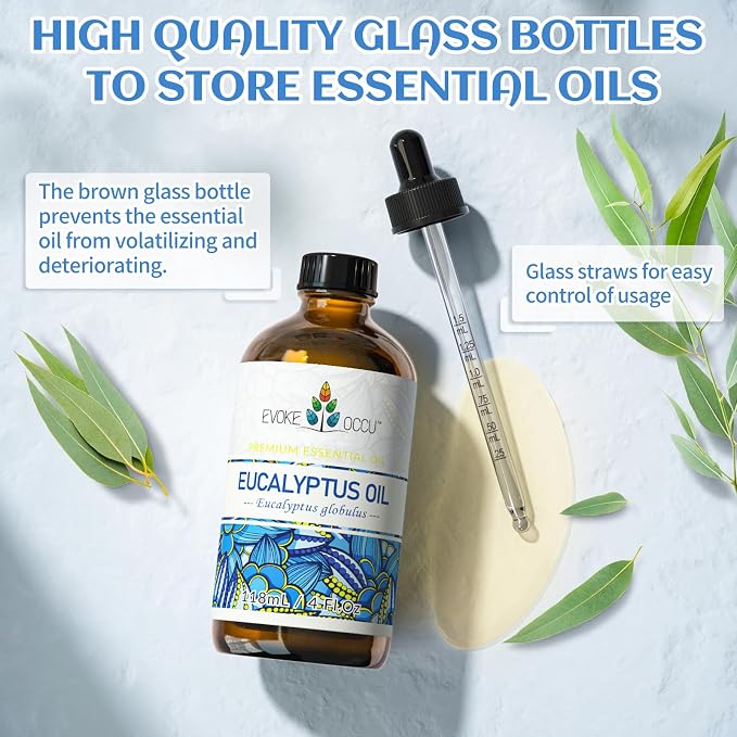 EVOKE OCCU Eucalyptus Essential Oil for Diffuser, Aromatherapy & Shower | Essential Oil with Glass Dropper for Humidifier, Clear Breath, Spray, Soap and Candle Making -118ml / 4 fl oz