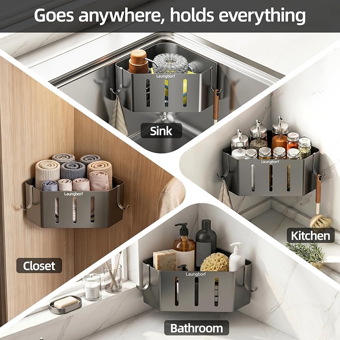 Kitchen Sink Sponge Holder – Adhesive No-Drill Caddy – Laungborf – Rustproof Carbon Steel, Fast Drainage Holes, 2 Stainless Hooks & 4 Pads – Triangle for Corner Sink(Gray)