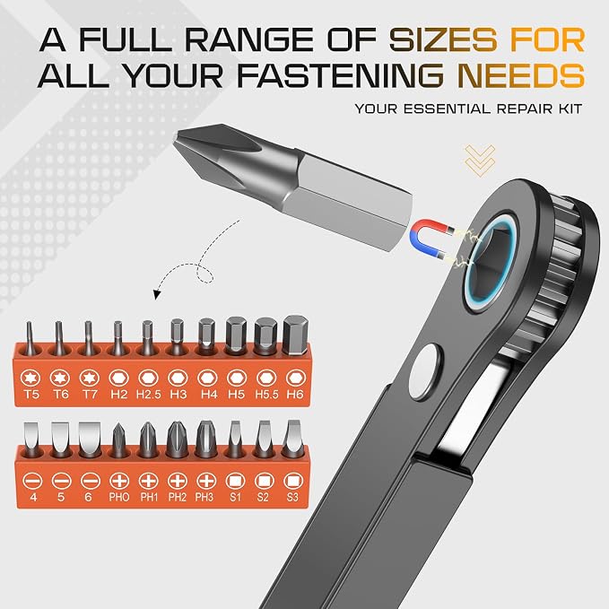 Tools for Men Gifts Right Angle Screwdriver: T5 T6 T7 Torx Star Bit & Ratchet Allen Wrench Drill Bit Set + Square Drive Bit & Small Ratcheting Wrench Screwdriver Set, Men Husband Dad Stocking Stuffers