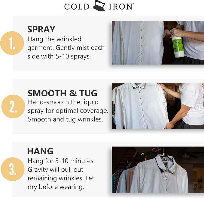 Cold Iron Wrinkle Release Spray for Clothes. Atlas Travel Size 3 fl oz/89 ml. Fragrance Free. Fast, Easy to Use Ironing Alternative. Spray, Smooth, Hang. Award Winning for People on The Go