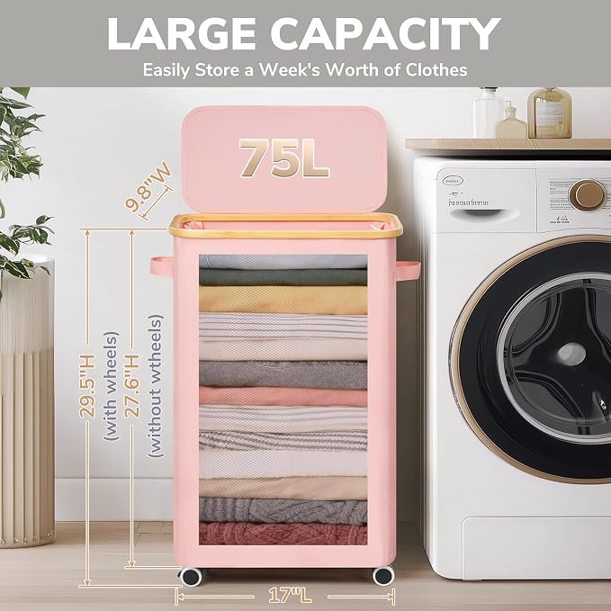 Goodpick 75L Slim Rolling Laundry Basket with Wheels and Lid, Pink | 17 × 9.8 × 29.5 in, Bamboo Frame, Removable Laundry Bag, Collapsible, Dorm, Bedroom & Bathroom Organization, Home Decor
