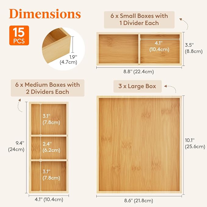 Lifewit Drawer Organizer 15 Pack(33 Grid) with 18 Inserts | Adjustable Bamboo Wooden Trays for Utensils, Silverware, Makeup, Kitchen, Bathroom, Office, Vanity Storage