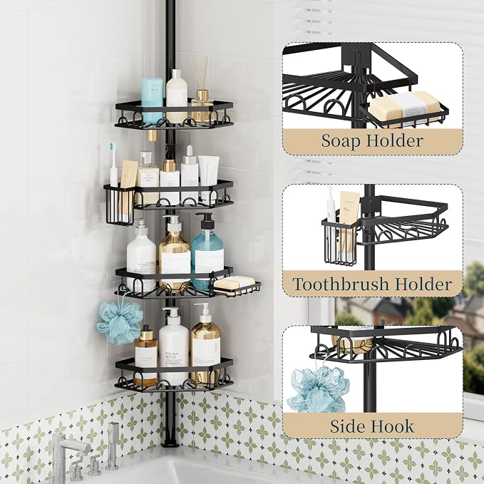 Consumest Shower Caddy Tension Pole - 4 Tier Corner Shower Shelves with Brush & Soap Holder, 304 Stainless Steel Rustproof Adjustable Organizer Rack for Bathtub, Bathroom, 27.6-108.3 Inch, Black