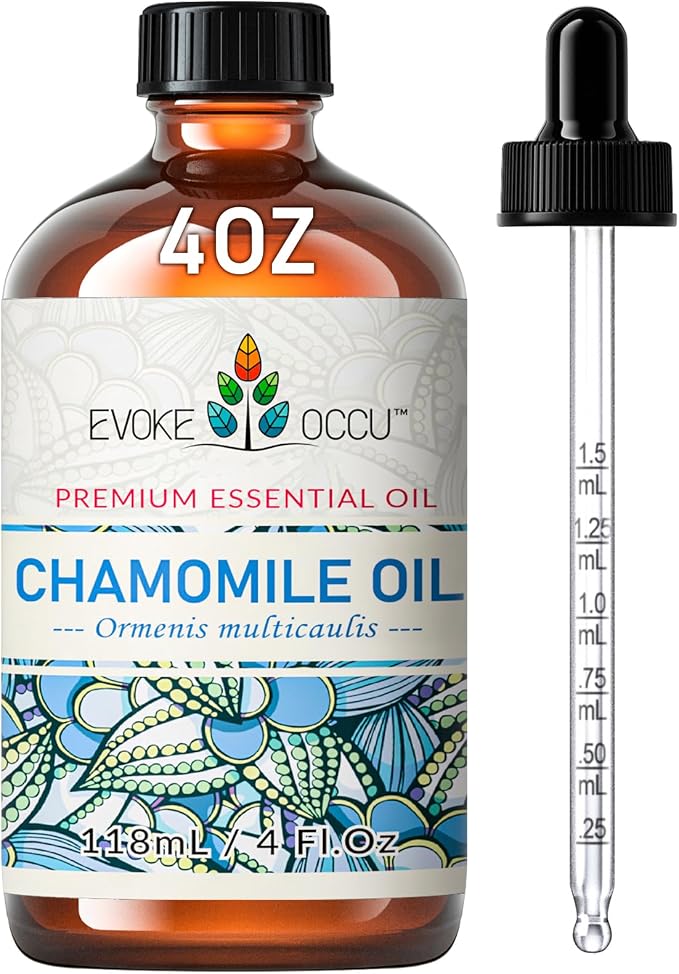 EVOKE OCCU Chamomile Essential Oil for Skin Hair & Diffuser | Herbal Scent, Suitable for Use Before Sleep, During Yoga, for Massage, Nail Care, and DIY – 118mL / 4 fl oz