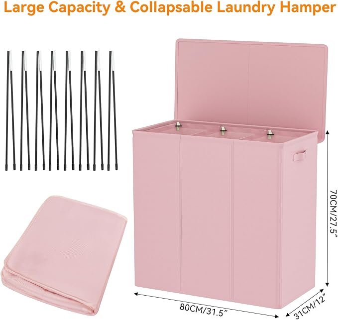 WOWLIVE 180L Laundry Hamper 3 Section, Large Laundry Basket with Lid | Dirty Clothes Hampers with Removable Bags and Handles, Collapsible Laundry Basket Organizer for Dorm Room, College, Pink