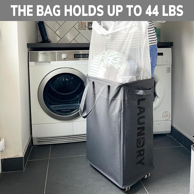 Goodpick 2-Pack Laundry Basket with Wheels & Wash Bag, Hamper for Dorm,75L | Laundry Hamper with Handles for Dirty Clothes, Clothes Hamper, Rolling Laundry Basket, Dorm Room Essentials, Grey