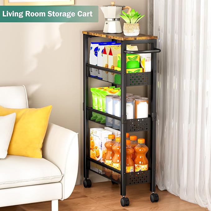 Vivihomety 4-Tier Slim Utility Rolling Laundry Cart with Wheels, Metal | Narrow 7.1" wide, Lockable wheels, wood top panel, metal frame, with handle, for laundry, bathroom, kitchen, black