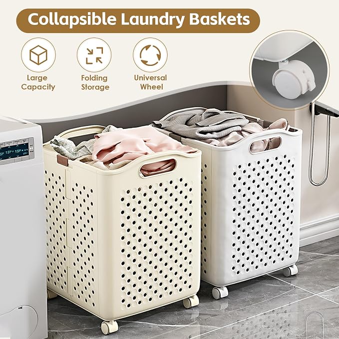 57L Collapsible Laundry Basket with Wheels, Laundry Basket Collapsible, Foldable Laundry Baskets with Handles, Dirty Clothes Hamper for Dorm, Bedroom and Bathroom (Cream White)