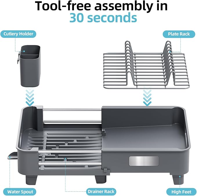TOOLF Expandable Dish Drying Rack for Kitchen Counter, Gray | Extendable 12.8in to 20.35in,Stainless Steel & PP,One-Minute Quick Assembly,Cutlery Holder,Portable Carry Handle,Space-Saving