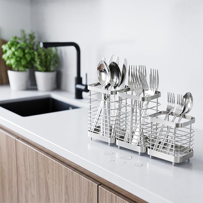 Utensil Holder, Stainless Steel Utensil Drying Rack for Kitchen Counter, Silverware Cutlery Flatware Holder Forks, Knives, Spoons, Chopsticks Organizer (2 Large and 1 Small)