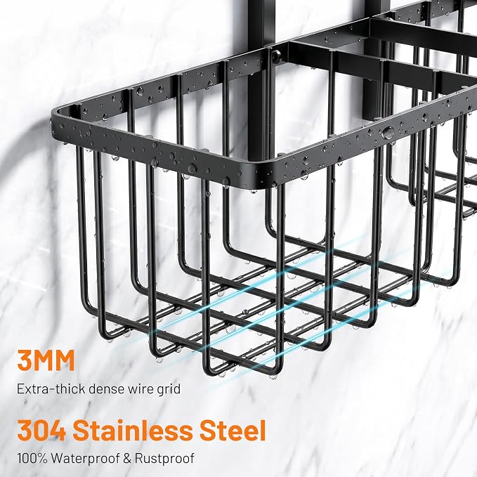 Luxspire Shower Caddy Hanging over Shower Head, Rustproof Adjustable Shower Rack No Drill, Thickened Stainless Steel Shower Organizer and Storage for Inside Shower with Hook Soap Holder, Black
