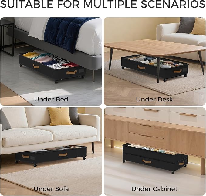 75L 2 Pack Adjustable Under Bed Storage with Wheels | Underbed containers with clear lids, rolling under bed shoe storage organizer for dorm home clothes, blankets, shoes, black