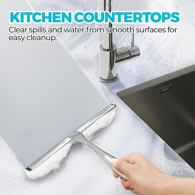 ALFLOD 2pcs Shower Squeegee for Glass Doors with Adhesive Hanging Hook Set | 9.9” silver, bathroom accessories, window cleaner, new home essentials, soft rubber blade, metal handle, ergonomic grip