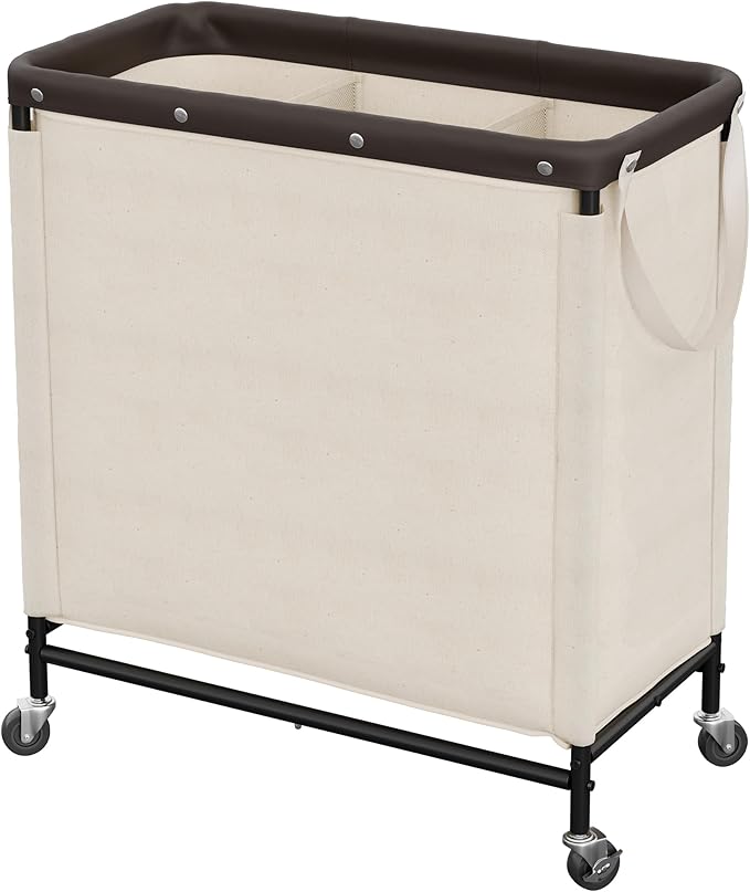 StorageWorks 3 Section Laundry Hamper, 120L Beige Sorter Cart with Wheels