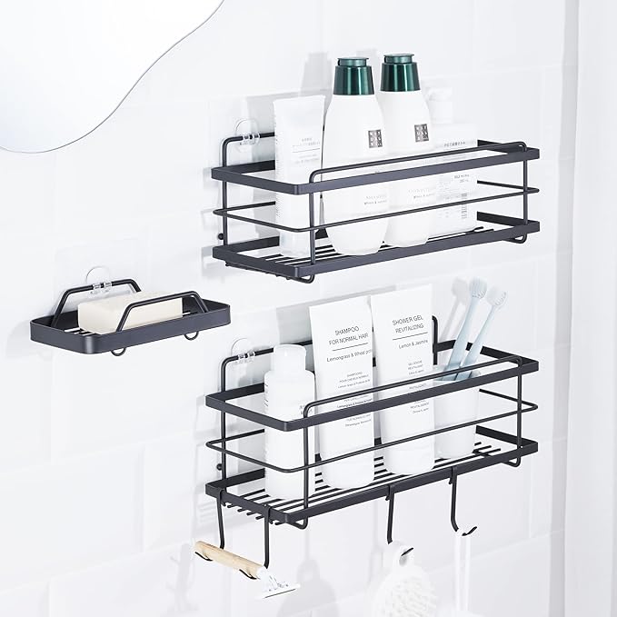KINCMAX Premium Shower Caddy with Soap Holder, 2-Pack Adhesive Shower Organizer, No Drill Bathroom Shelves, Rustproof Stainless Steel Shelves for Inside, Shower Storage Rack, Matte Black