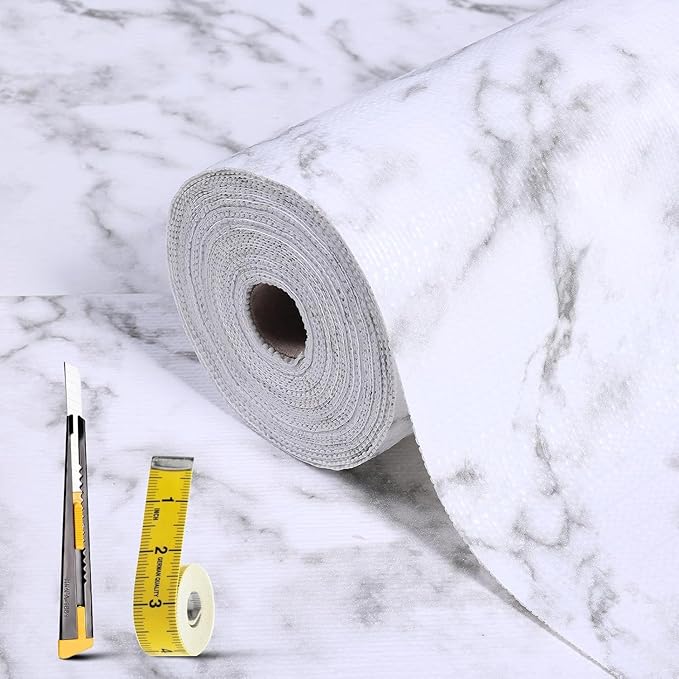2-Layer Drawer and Shelf Liner for Kitchen Cabinet: 35.4in X 20Ft Non Slip | Waterproof Shelf Paper Non Adhesive Refrigerator Liners White Marble Easy Liners for Bathroom with Knife Tape Measure