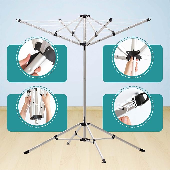 CROS Indoor Outdoor 4-Arm Umbrella Clothes Drying Rack, 65 FT Rotary Laundry Airer with 28 Vinyl Lines, Freestanding Tripod Base, Rust-Resistant Aluminum Dryer for Home, Yard & Balcony