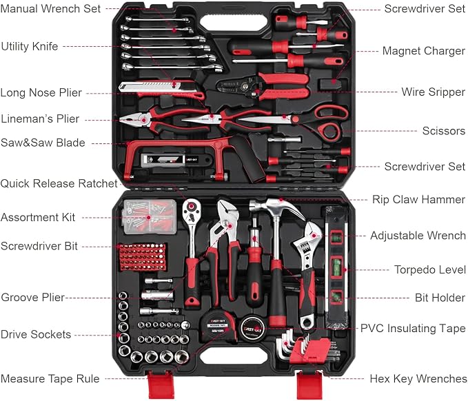 Eastvolt 218-Piece Household Tool Kit, Auto Repair Tool Set, Tool Kits for Homeowner, Plier, Screwdriver Set, Socket Kit and Toolbox Storage Case,Black + Red (Pack of 3)