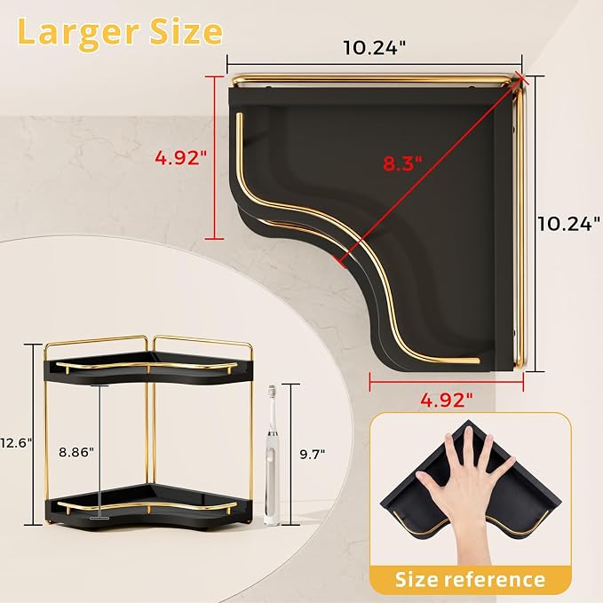 2-Tier Corner Bathroom Counter Organizer, Larger Size | Embedded Screw Holes, Sturdy & Stable, Oversized, Holds More, Vanity Shelf for Makeup & Skincare, Black Gold