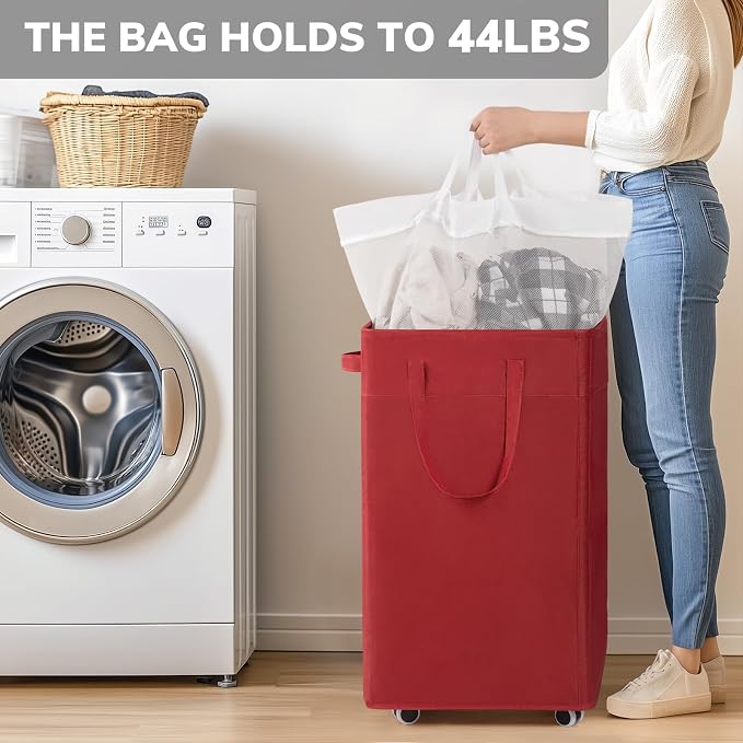 Goodpick 75L Collapsible Laundry Baskets with Removable Wash Bag and Wheels | Laundry Basket with Wheels, Rolling Laundry Hamper with Handle for College Dorm, Laundry Hamper on Wheels, Red