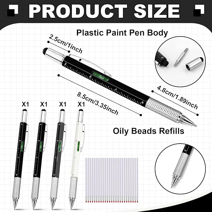 Zhanmai 4 Pcs 6 in 1 Multitool Pen Gift for Men Multi Tool Ballpoint Pen with Ruler Level Screwdriver Stylus Cool 10 Ink Refill Tool Gadget Birthday Christmas Stocking Stuffers (Black, Gray, White)