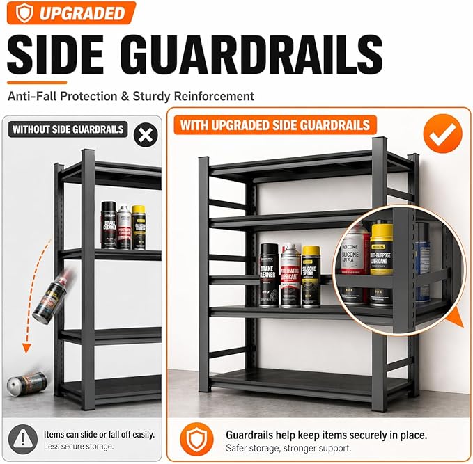 Garage Shelving, Heavy Duty Storage Shelves with Anti-Fall Rails | 3500 LBS metal shelving with Adjustable Industrial Steel Rack for garage, basement, pantry, kitchen and warehouse storage