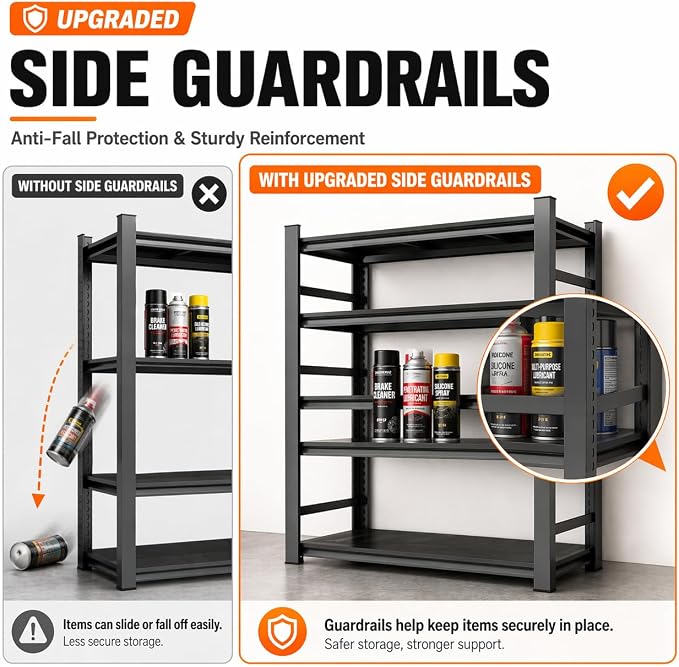 Garage Shelving, Heavy Duty Storage Shelves with Anti-Fall Rails | 2400 LBS metal shelving with Adjustable Industrial Steel Rack for garage, basement, pantry, kitchen and warehouse storage
