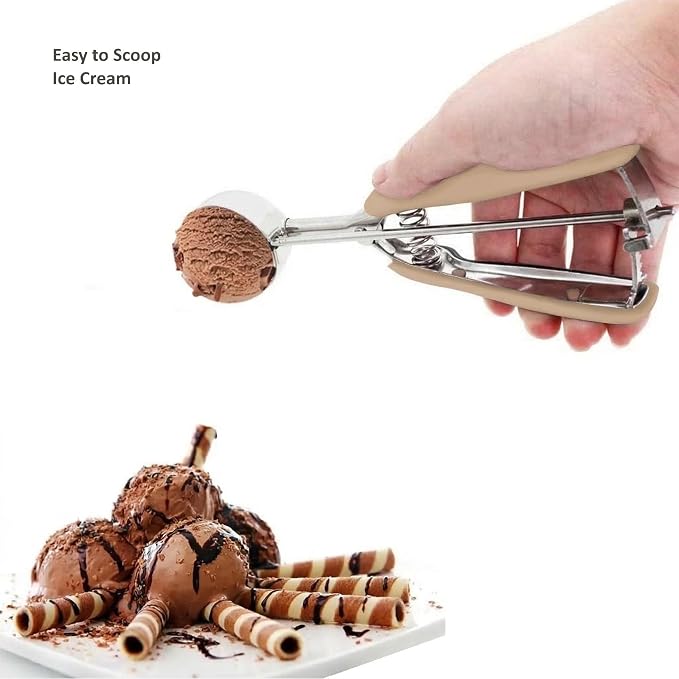 Cookie Scoop Set, 3Pcs Ice Cream Scoop, Cookie Scoops for Baking Set of 3, 18/8 Stainless Steel Cookie Scooper for Baking, Ice Cream Scooper with Trigger Release, Brown Soft Grip Cookie Dough Scoop