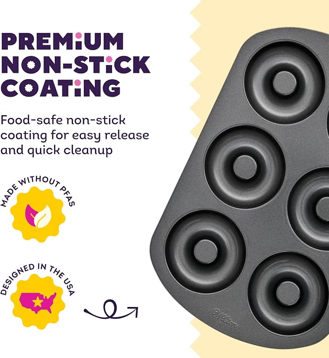 Wilton Gold Non-Stick Donut Pan Set - Quality Baking Pan - Dishwasher Safe & Scratch Resistant - Made Without PFAS - 12.5 x 8 x 1 Inch, 2-Piece Set