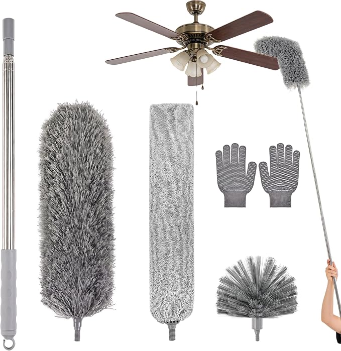 Cobweb Duster with Extension Pole, Washable Cleaning Microfiber Feather Duster 5-in-1 Kit with 3 Duster Heads, 100'' Bendable Extendable Long Duster for High Ceilings, Fans, Blinds, Furniture & Car