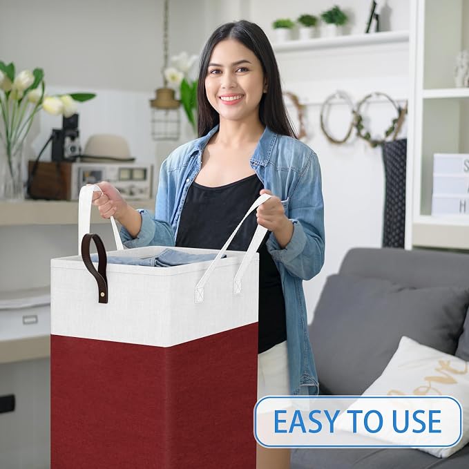 HomeHacks 75L Rolling Laundry Basket with 4 Wheels Collapsible Red | 4 Wheels, Waterproof PEVA Lining, Cotton Flax Fabric, Metal Frame, Bathroom Laundry Room Dorm Storage, Space-Saving Design