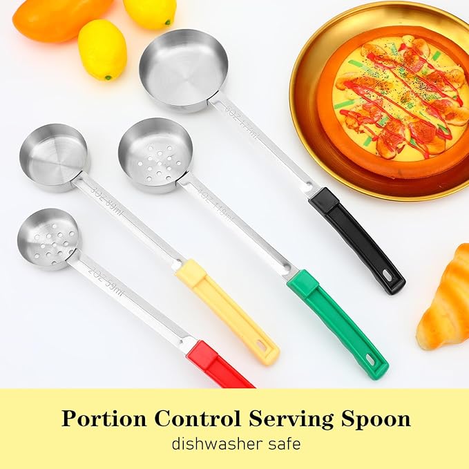 Kifmurase 8PCS Portion Control Serving Spoons, 2, 3, 4, 6oz Solid and Slotted Stainless Steel Ladle Spoon for Food Serving Buffet, Spoodle Diet Food Measuring Portion Utensils Control Scoop (4 Colors)