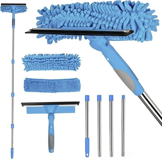 68'' Window Squeegee Cleaner Kit - 2-in-1 Rotatable Window Cleaning Tool with Extension Pole, Professional Streak-Free Squeegee with Bendable Head for Indoor/Outdoor Windows Car Glass (Blue, 38.45FT)