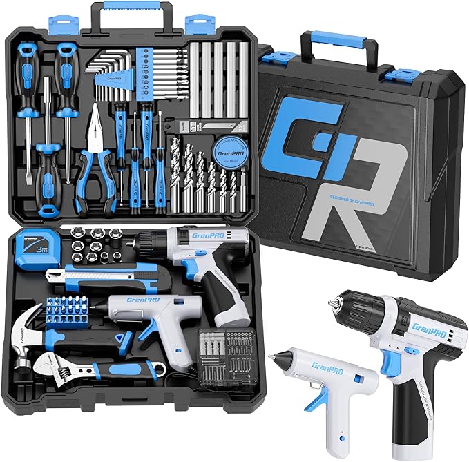 GRENPRO 188PC Blue Cordless Drill Tool Set for Wo&Men Tool Kit for Home Box | All-In-One Basic Household Tool Box, Glue Gun Accessories DIY, CR-V Steel, Sturdy Storage Case Auto Repair Kit For Men