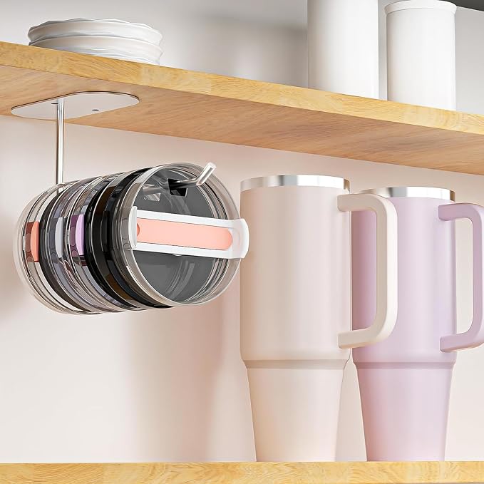 2 Pack Tumbler Lid Organizer, Space Saving Cup Lid Organizer | Yeti/Stanley/Simple Modern Lids Organizer, Self-Adhesive or Drilling Tumbler Lid Hook for Kitchen Organizers and Storage