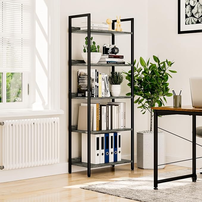 NUMENN Bookshelf, 5 Tier Freestanding Shelving Unit, Dark Grey | Metal Frame & Wood Shelves, Falling Prevention Baffle, Open Storage Bookcase for Bedroom, Living Room & Home Office