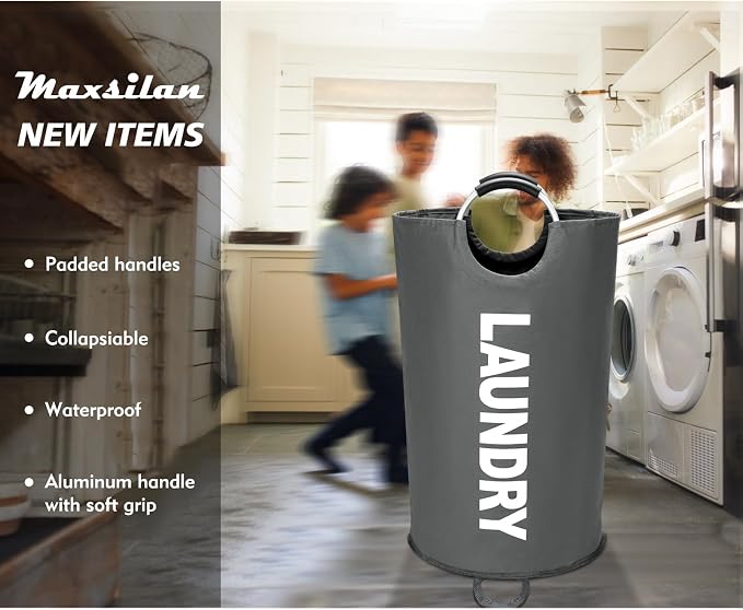 Maxsilan 125L X-Large Laundry Basket Bag, Collapsible Tall Hamper, Dark Grey
