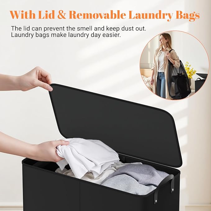 155L 2 Section Laundry Hamper with Lid, Laundry Basket, Black | Large Laundry Hampers with Reinforced Handles & Removable Bags, Tall Dirty Clothes Hamper for Laundry Room, Bedroom, Bathroom