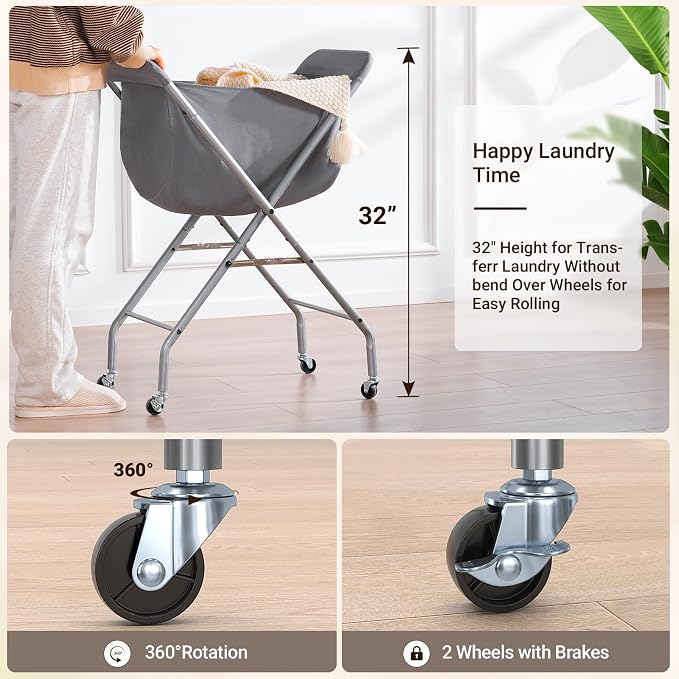 ELYKEN Laundry Basket with Wheels, Collapsible Laundry Hamper, Gray | Removable Liner Bag, Foldable Design, Sturdy Metal Frame, 4 Casters, 32”H Laundry Cart for Bedroom, Bathroom & Laundry Room