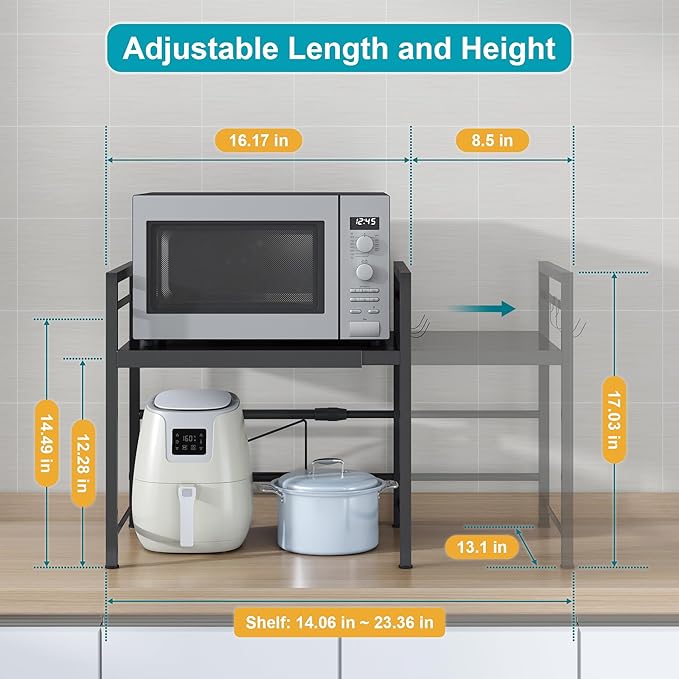 DOLALIKE Microwave Oven Rack, Expandable Microwave Stand Countertop Kitchen Utensils Tableware Storage, Carbon Steel Over Microwave Shelf Countertop with 3 Hooks | Adjustable Microwave Oven Rack Metal Storage Shelf for Pans Small Appliances Kitchen Ute...