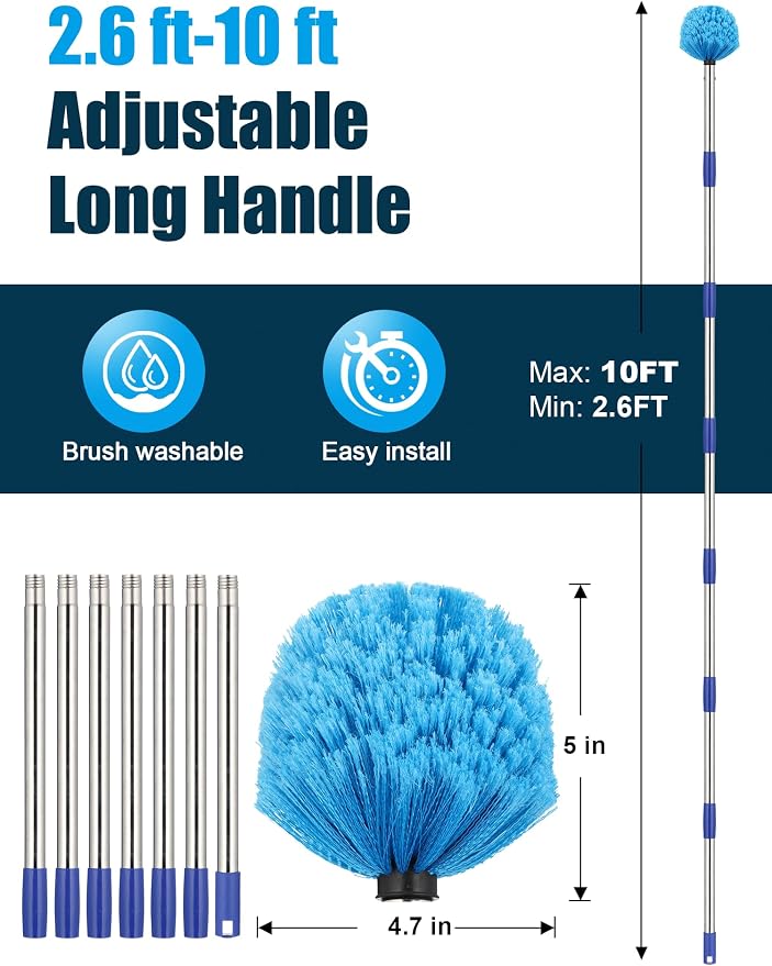 Cobweb Duster with Extension Pole, 10 ft Spider Web Brush for Outdoor House Cleaning, Cob Web Remover for High Ceilings Fans, Medium-Stiff Bristles Head, Adjustable Long Handle, Lightweight Cleaner