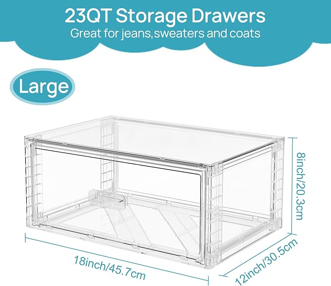 Vtopmart 2 Pack Large Clear Stackable Storage Drawers 23QT, Easily Assemble Plastic Closet Storage Bins, Dust-Proof UnderBed Organizer for Clothing, Sweater Organization