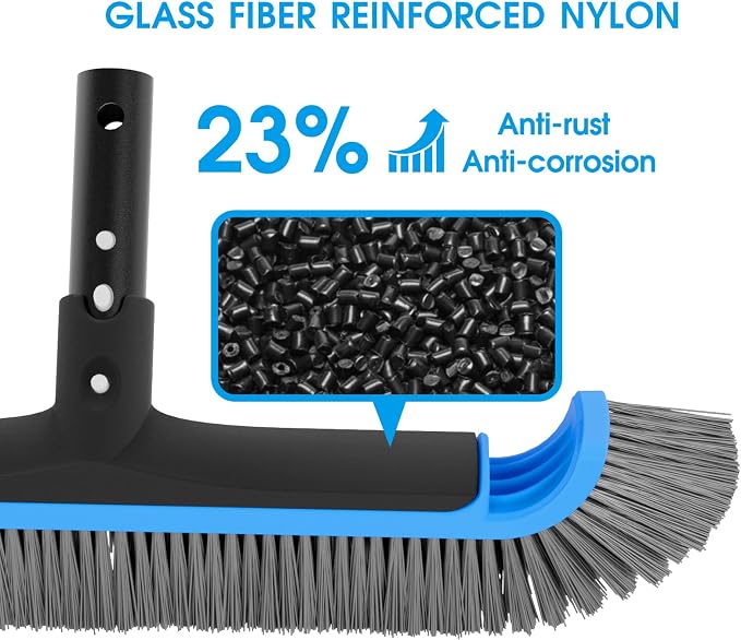2 in 1 Pool Brush with Pole - 17.5'' Heavy Duty Swimming Pool Brush & Small Round Brush Head, 9 FT Aluminum Poles, Cleaning Inground & Above Ground Pools