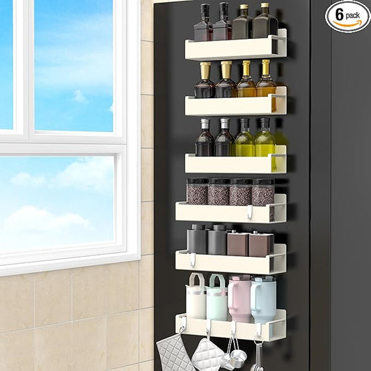 HuggieGems 6 Pack Magnetic Spice Rack Organizer for Refrigerator and Oven, Cream White Fridge Organizers and Storage for Kitchen