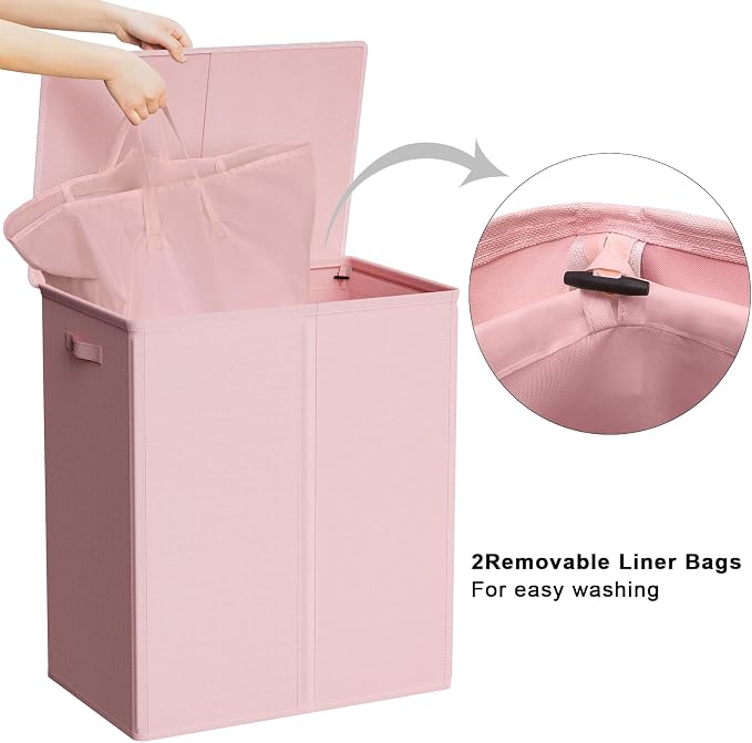 WOWLIVE 154L Double Laundry Hamper 2 Section with Lid and Removable Bags | Divided Laundry Basket, Large Dirty Clothes Hamper with Handle, Collapsible Laundry Storage for Dorm Room, College, Pink