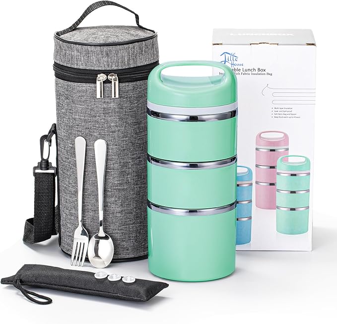 Lille Home Stackable Stainless Steel Thermal Compartment Lunch/Snack Box, 3-Tier Insulated Bento/Food Container with Lunch Bag, Utensils Set and Three Extra Seals, 43OZ (Green with Utensils)