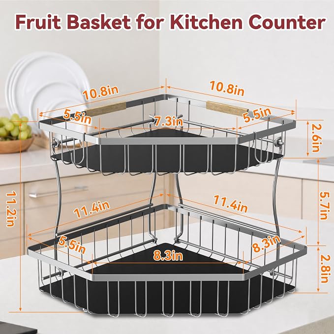 2 Tier Fruit Basket for Kitchen Counter - Detachable Metal Fruit Bowl with 2 Banana Hangers for Corner , Large Capacity Fruit Stand with Wooden Handle for Bread Fruit and Vegetable Storage - Silver