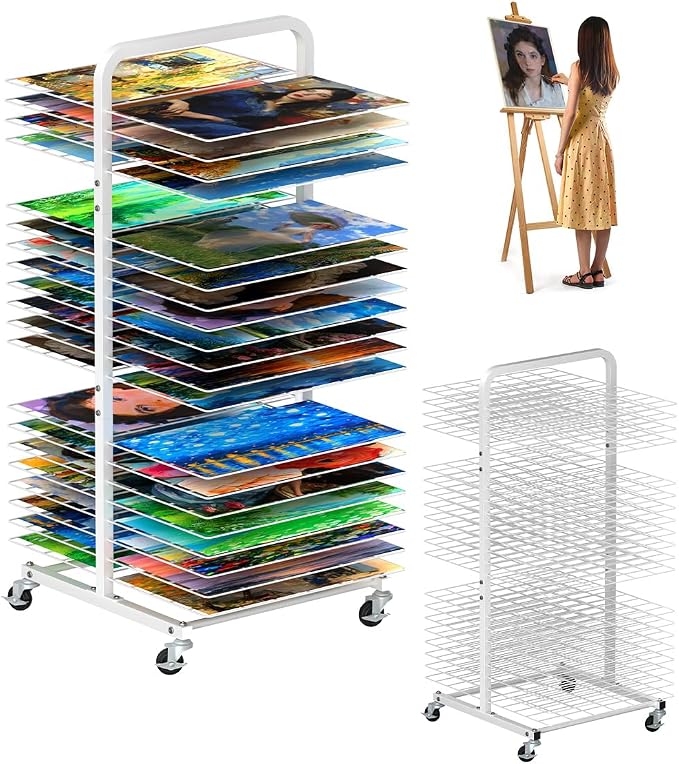 mocomax Art Drying Rack for Painting, Metal Paint Drying Stand, Movable Paint Drying Rack with Lockable Wheels, Art Canvas Storage Rack for Classrooms & Art Studios, 40 Removable Shelves, White