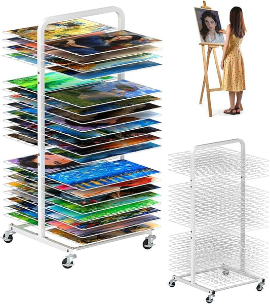 mocomax Art Drying Rack for Painting, Metal Paint Drying Stand, Movable Paint Drying Rack with Lockable Wheels, Art Canvas Storage Rack for Classrooms & Art Studios, 40 Removable Shelves, White