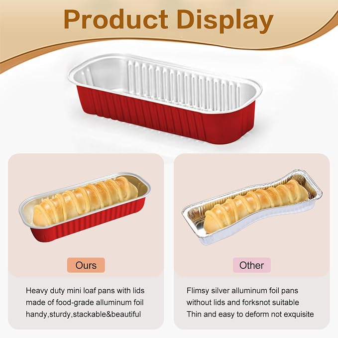 100 Pack Mini Cake Pans with Lids and Spoons, Mini Loaf Baking Pans 6.8oz, Small Disposable Aluminum Foil Loaf Pans, Rectangular Baking Containers for Party and Picnics, Cheesecake Pans (Red)
